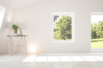 White empty room with summer landscape in window. Scandinavian interior design. 3D illustration
