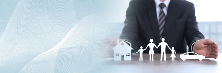 Fototapeta na wymiar Concept of home, family and car insurance. panoramic banner