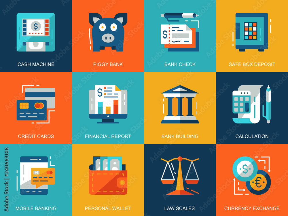 Poster flat conceptual banking and finance icons concepts set for website and mobile site and apps. e-banki
