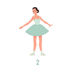Vector elegant ballerina in green tutu dress, showing ballet positions, element dancing on pointe shoes. Female beautiful classic theater dancer character isolated. Ballet artist illustration