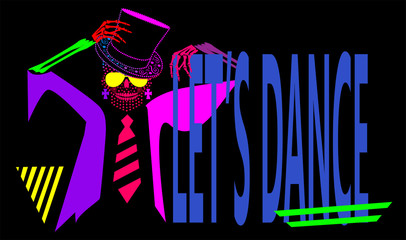 Dance party background vivid colors, neon, with skull icon 
