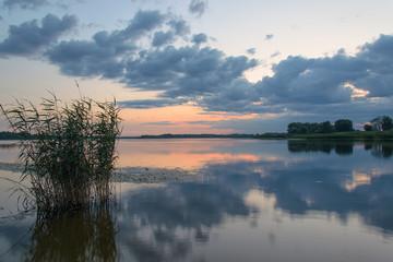 Reflection of clouds in the river at sunset