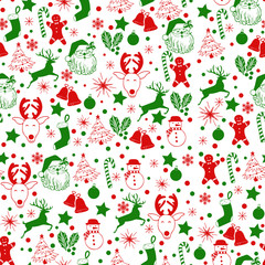 Christmas seamless green and red pattern on white background with deer, snowman, candy, sock, star, snowflake holiday icons, New Year celebration elements. Design for fashion print, wrapping