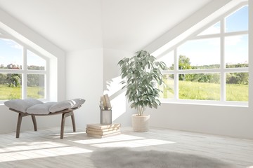 Idea of white room with armchair and summer landscape in window. Scandinavian interior design. 3D illustration