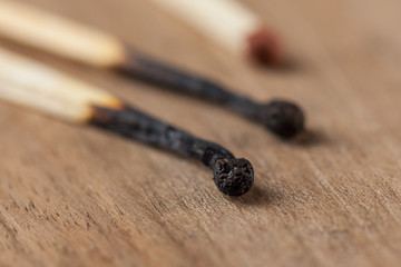 Burned wooden matches sticks on a wooden table background