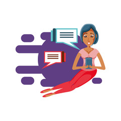 woman sitting with smartphone and speech bubbles