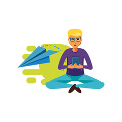 man sitting with smartphone and airplane paper