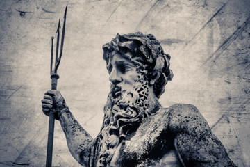 The mighty god of the sea and oceans Neptune (Poseidon) The ancient statue. Retro styled image.