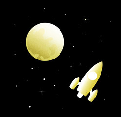 Illustration of a spaceship in front of the moon, with stars in the background.