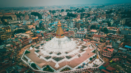 Stupa temple Bodhnath Kathmandu, Nepal from air October 12 2018