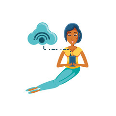 woman sitting with smartphone and cloud computing