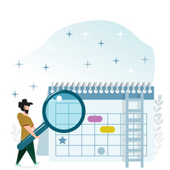 Concept images in a flat style. A man with a beard with a magnifying glass in his hands , standing on a big calendar. Business planning.