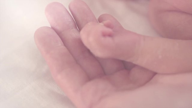 Tiny newborn baby's hand in female hand closeup. Baby hand in mother palm. Happy family concept. Slow motion. 3840X2160 4K UHD video footage