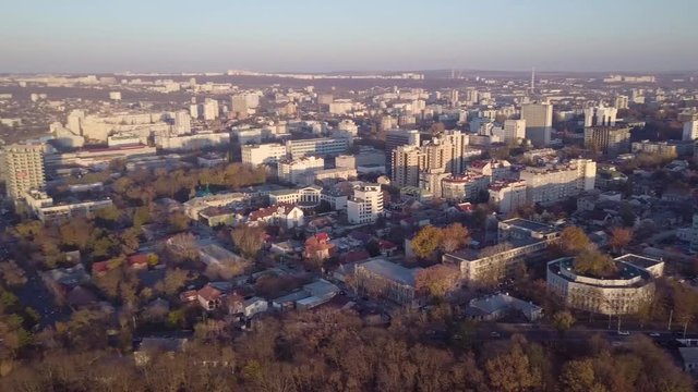 Panorama of the city of Kishinev. Aerial view of modern city buildings. 4K drone video.