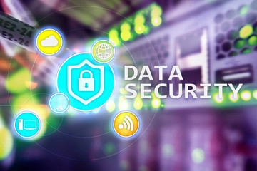 Data security, cyber crime prevention, Digital information protection. Lock icons and server room...
