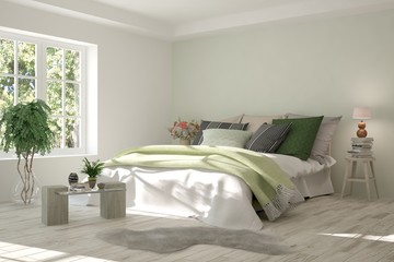White bedroom with summer landscape in window. Scandinavian interior design. 3D illustration