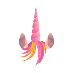 Unicorn pink horn with hair and ears vector illustration - isolated pretty colorful magic animal element for birthday congratulation or party invitation design in cartoon style.