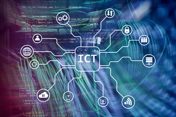 ICT - information and communications technology concept on server room background.