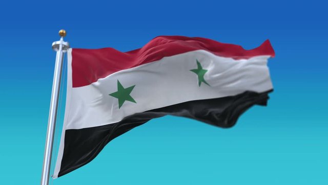 4k Seamless Syria flag with flagpole waving in wind.A fully digital rendering,The animation loops at 20 seconds.flag 3D animation.