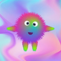 Cute furry monster on abstract background in trends color