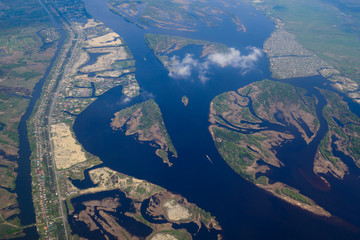 Amazing view from window of airplane flying over Dnepr river, Ukraine