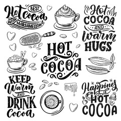 Hot cocoa hand lettering set with cup of cocoa, marshmallows. Hand drawn Christmas signs for cafe, bar and restaurant