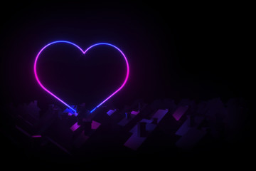 Silhouettes of small village houses with pitched roofs illuminated silhouette neon heart 3D illustration