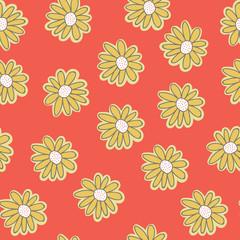 Vector Yellow daisies seamless pattern background with the chamomiles on an Orange background in vintage style for textile