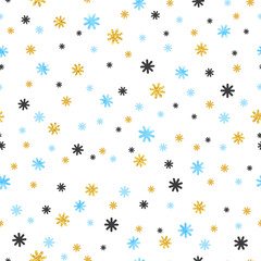 Seamless snowflakes pattern in blue, black and golden colors. Christmas background. Wrapping paper.