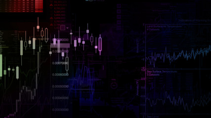 3D rendering of stock indexes in virtual space. Economic growth, recession