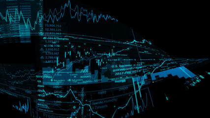 3D rendering of stock indexes in virtual space. Economic growth, recession