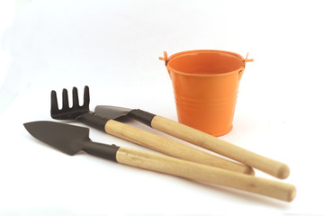 watering can and gardening tools isolated on white background