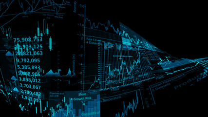 3D rendering of stock indexes in virtual space. Economic growth, recession