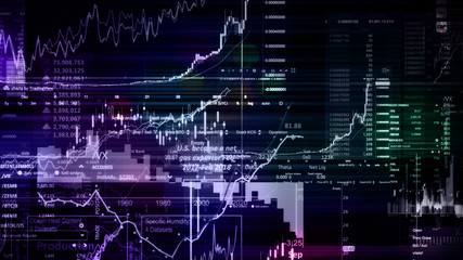 3D rendering of stock indexes in virtual space. Economic growth, recession