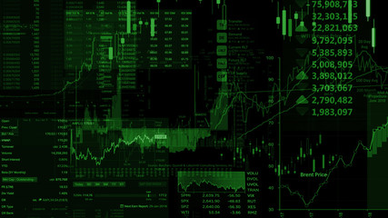 3D rendering of stock indexes in virtual space. Economic growth, recession