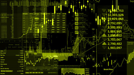 3D rendering of stock indexes in virtual space. Economic growth, recession