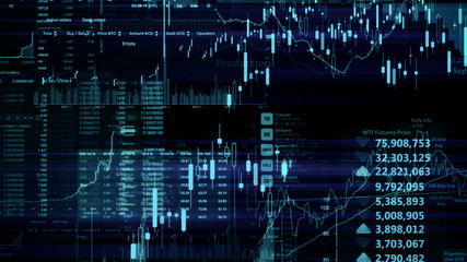 3D rendering of stock indexes in virtual space. Economic growth, recession