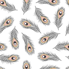 Seamless pattern with hand drawn peacock feathers.