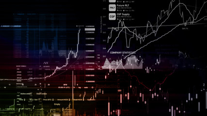 3D rendering of stock indexes in virtual space. Economic growth, recession
