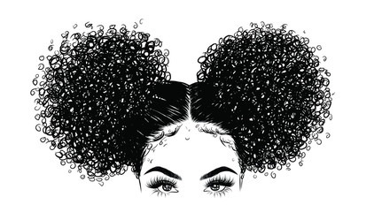 Curly beauty girl illustration isolated on clear background. Double buns with long hair. Hand draw idea for business cards, templates, web, brochure, posters, postcards, salon