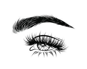 Obraz premium Abstract fashion illustration of the eye with creative makeup. Hand drawn vector idea for business visit cards, templates, web, salon banners,brochures. Natural eyebrows and glam eyelashes