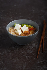 Traditional spicy asian soup with tofu cheese and noodles