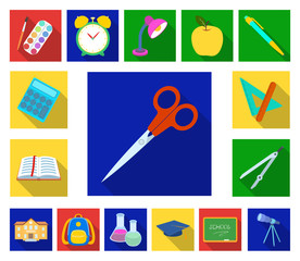 School and education flat icons in set collection for design.College, equipment and accessories vector symbol stock web illustration.
