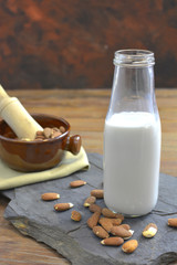 Homemade Almond milk in bottle with almonds in a bowl. Dairy alternative milk - close up with space for text