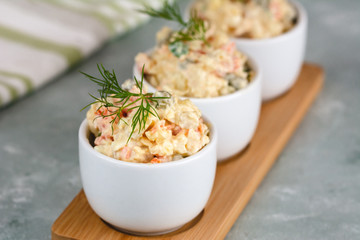 Traditional Polish salad with cooked vegetables and mayonnaise.
