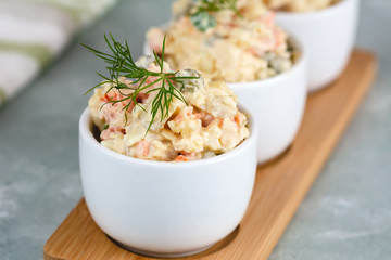 Traditional Polish salad with cooked vegetables and mayonnaise.