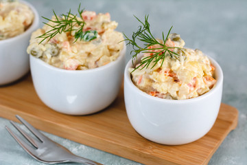 Traditional Polish salad with cooked vegetables and mayonnaise.