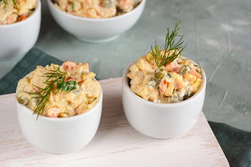 Traditional Polish salad with cooked vegetables and mayonnaise.