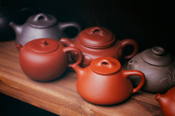 Traditional chinese clay teapots. Tea ceremony utensils. Yixing clay.