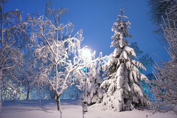 Beautiful snowy winter in Kiev, Ukraine, a lot of snow on the evening streets, 2018